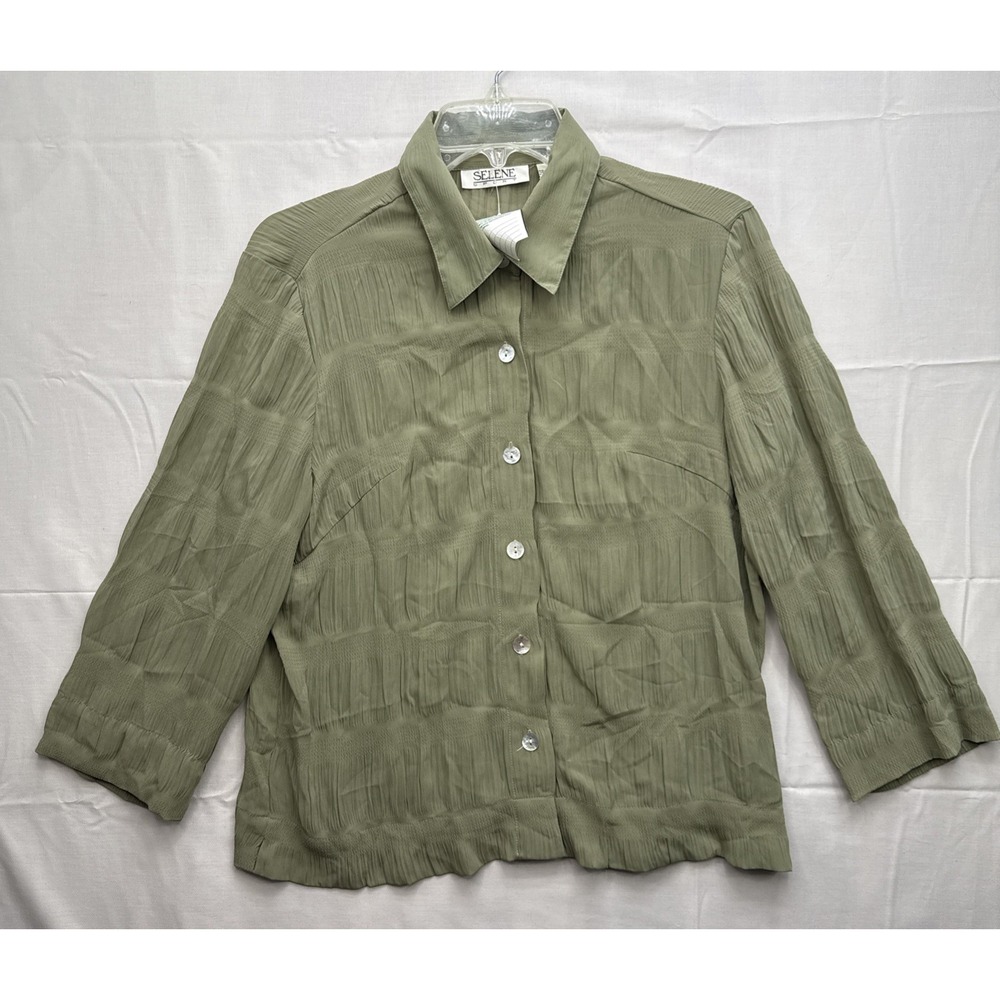 VTG Selene SAGE Green Ruched Crinkle Art-to-Wear Tunic‎ Blouse Top Shirt NWT M